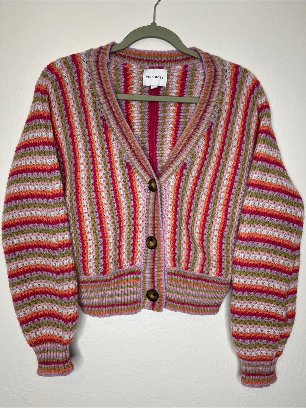 Colorful Pink Rose Knit Cardigan - Size S Boho Whimsical Dopamine Retro